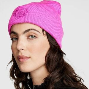 Victoria’s Secret PINK Rib Knit Beanie Hat Pink Berry Logo Winter One Size